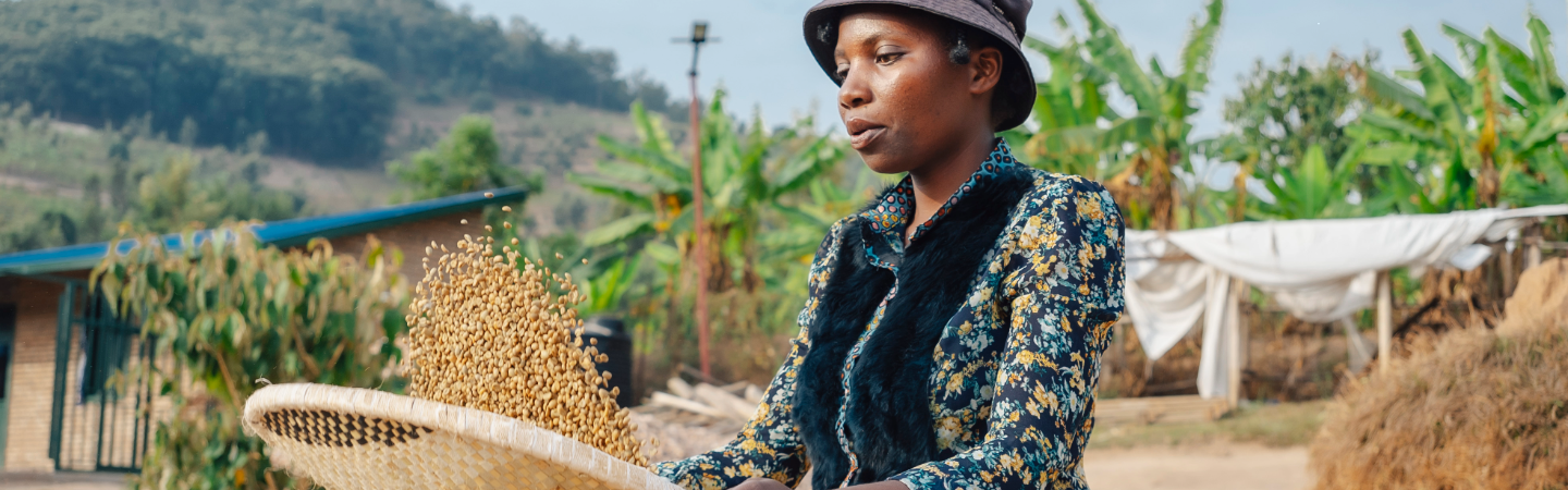 A woman shaking a sieve of seeds