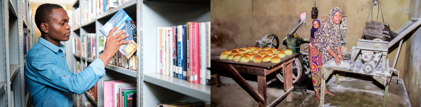 A man in a library and a woman baking bread (collage of two images)