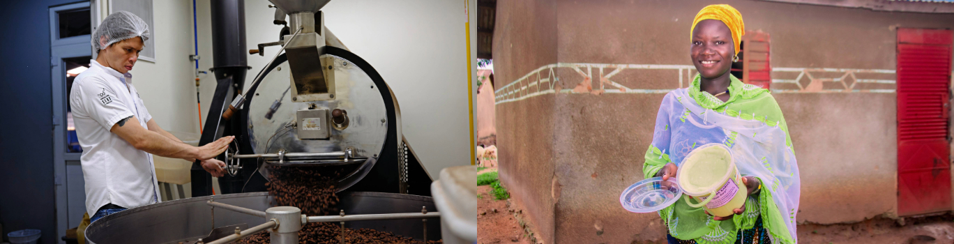 A man producing cocoa and a woman with shea butter (collage of two images)